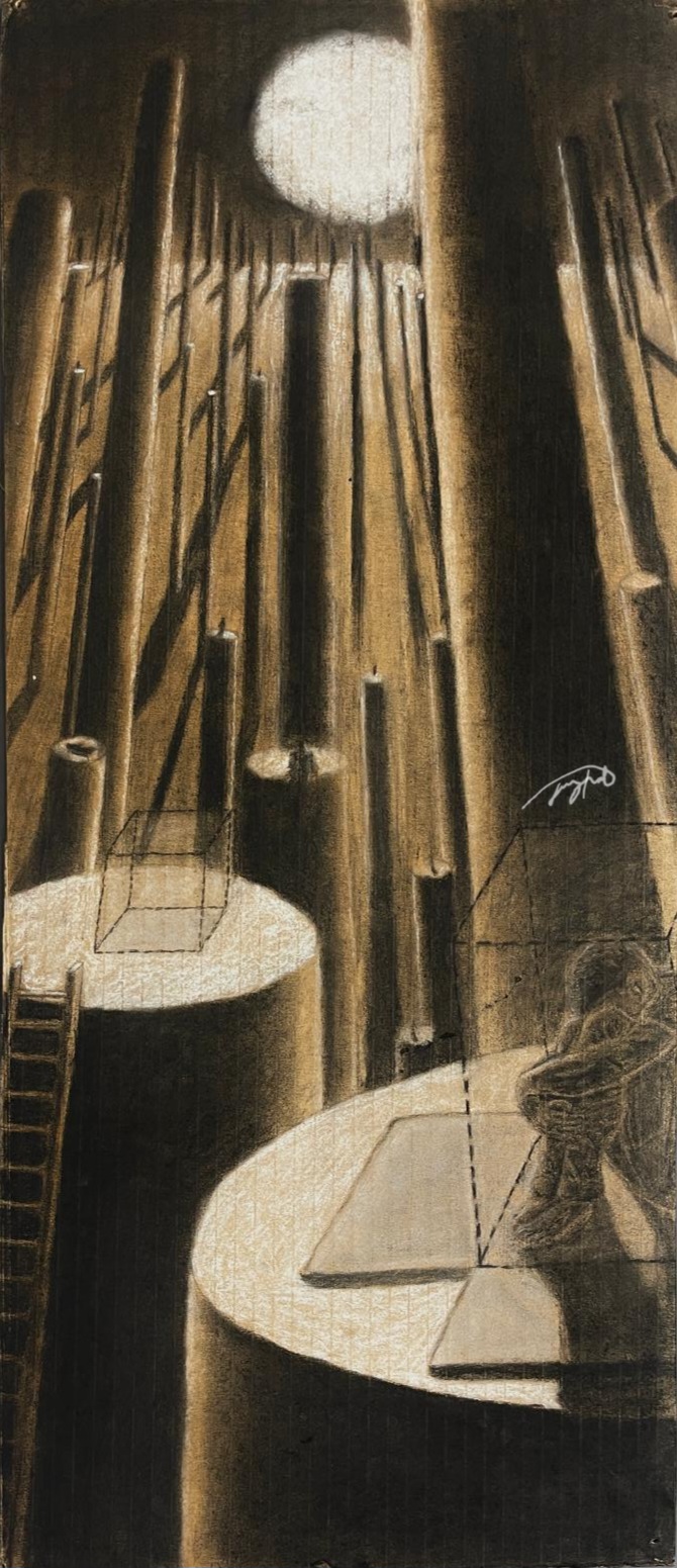 Charcoal pillar composition with dramatic vertical forms and long shadows.