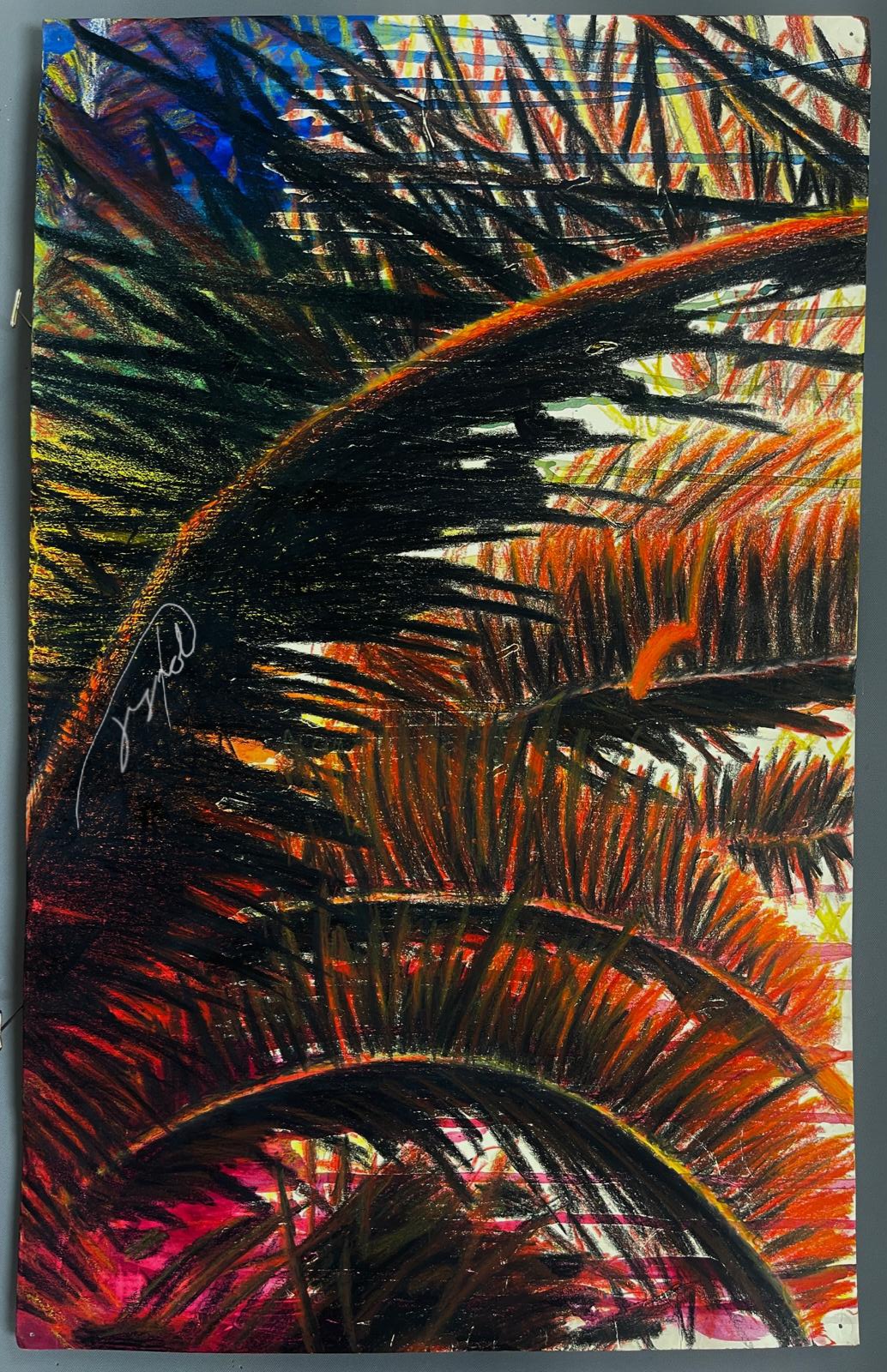 Expressive palm-frond composition in layered orange, black, and red tones.
