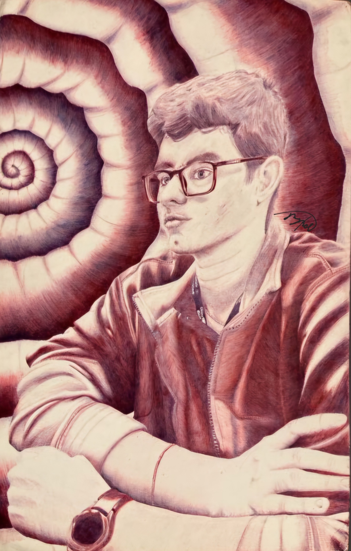 Self-portrait with glasses against a spiraling background.